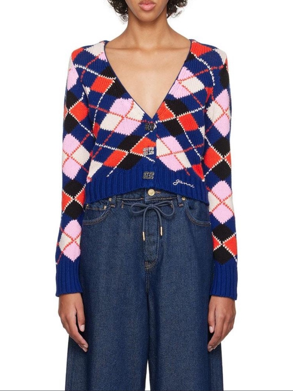 Ganni Blue Argyle V-Neck Cardigan with Pink and Red Accents - Picture 3 of 14